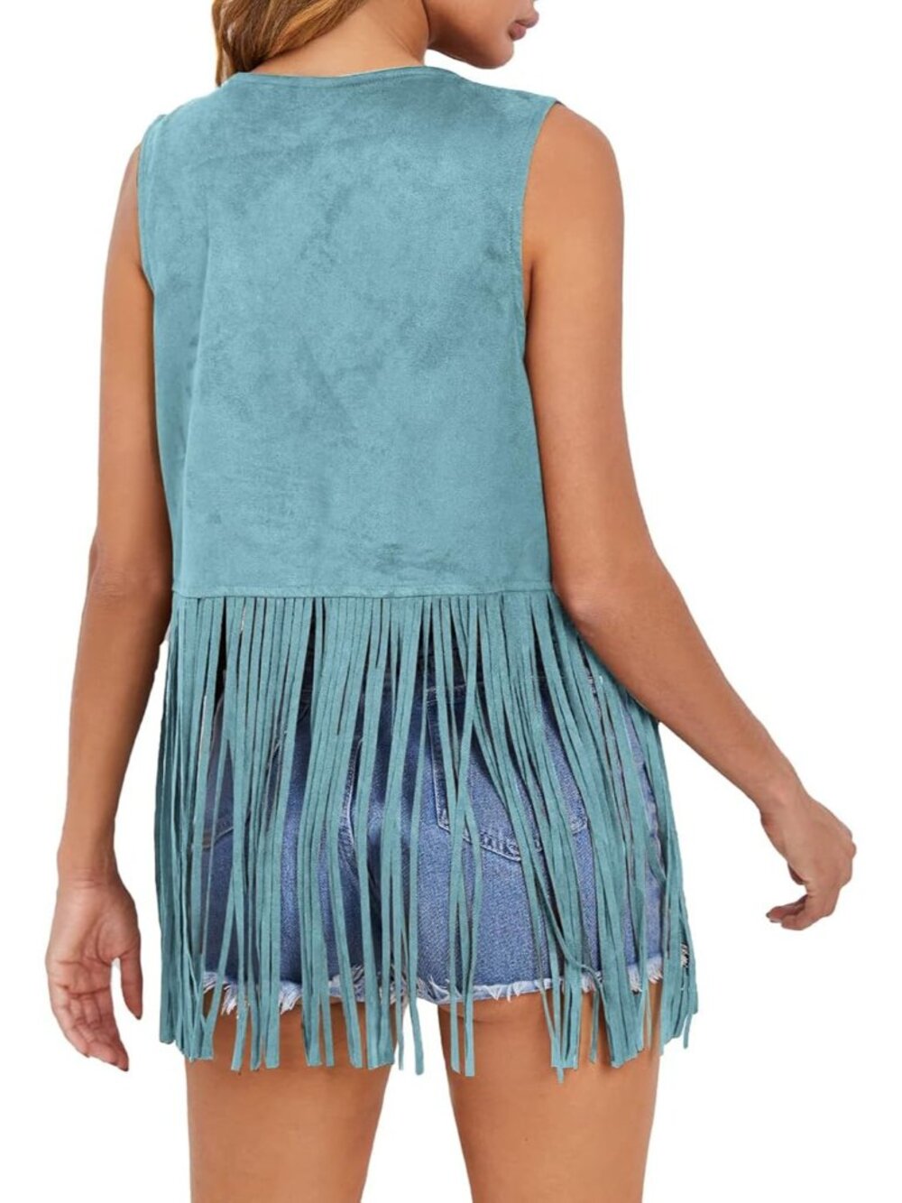 Women's Blue Fringe Vest 70s Hippie Costume Sleeveless Cowgirl Western Outfits - Picture 2 of 6